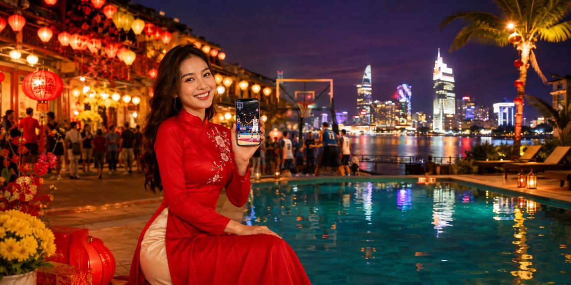 Không gian Hội An với người chơi theo dõi kết quả cược bóng rổ trong trang phục áo dài